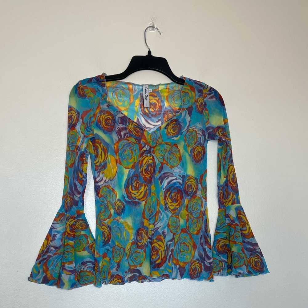 Gideon Oberson Psychedelic Floral Mesh Long Sleeve Top Small